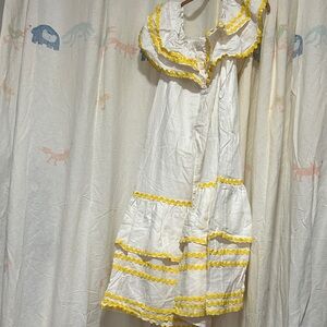 White with Yellow Trim - Off The Shoulder Tiered Summer Dress L